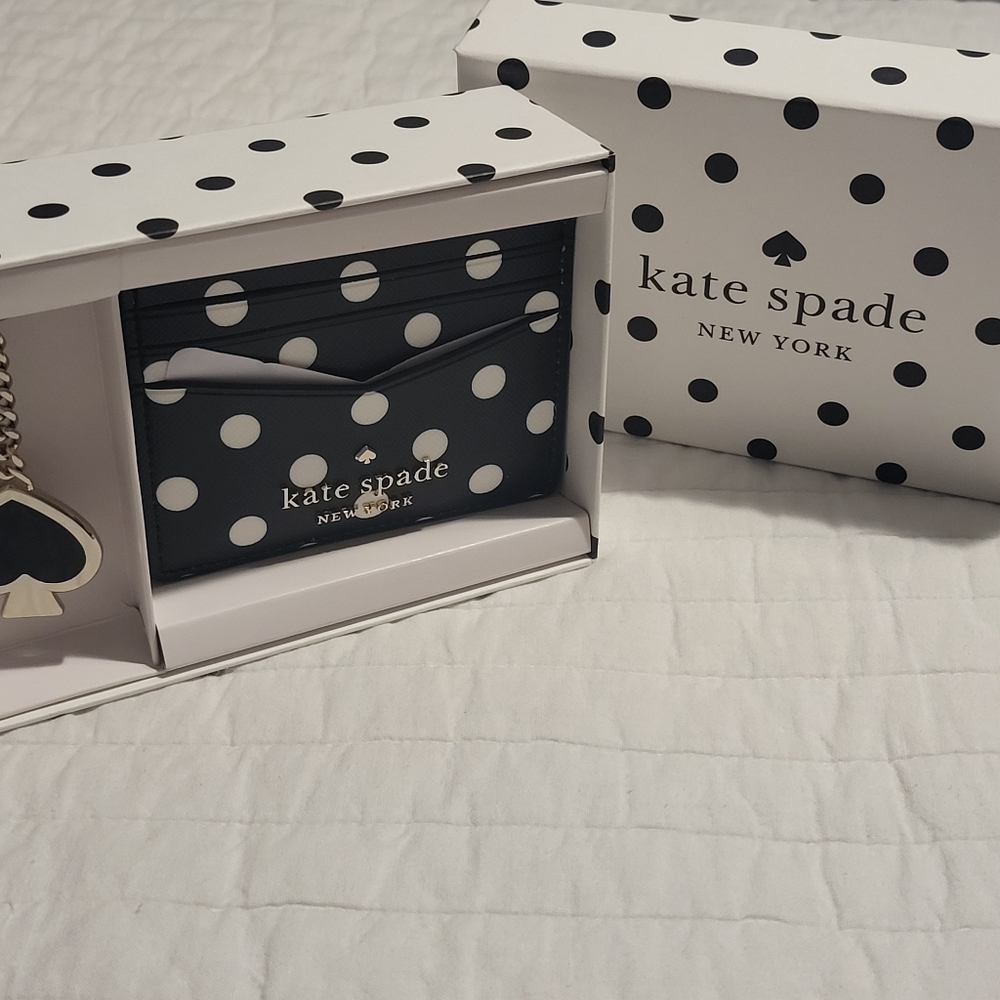 Kate Spade Polka Dot Boxed Card Case & Key Fob Set Black With White Dots